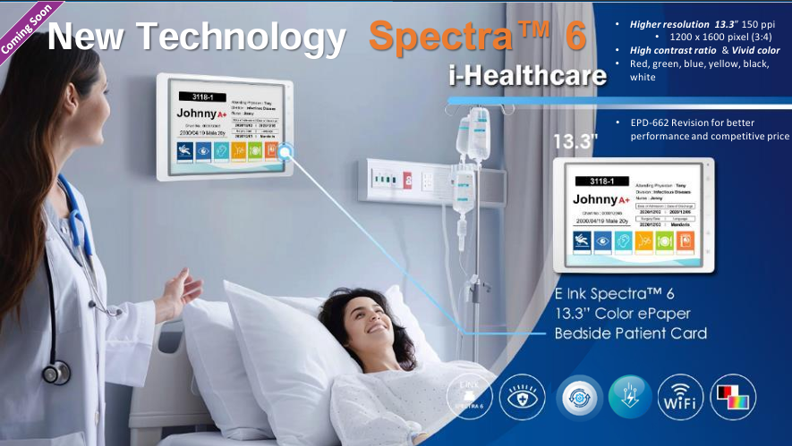 alt="ePaper Spectra 6 13.3-инчов цветен дисплей до легло на пациент в болница, показващ медицинска информация