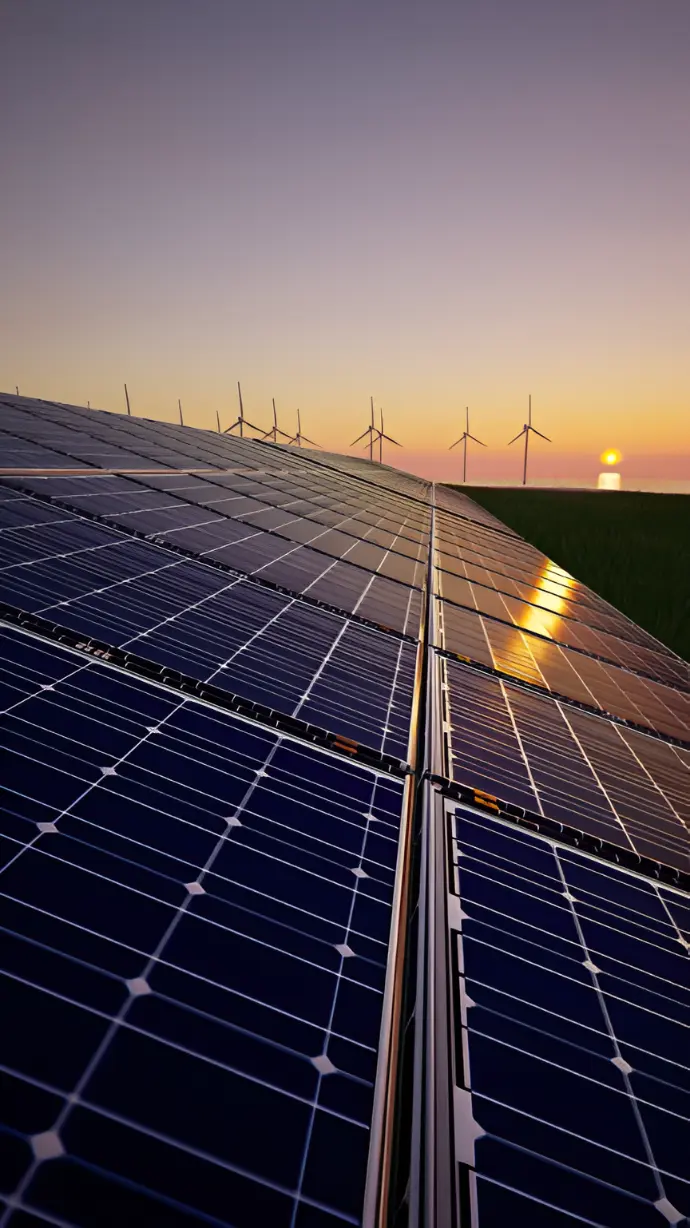 Solar panels capturing sunlight at sunset with wind turbines in the background and a gradient sky transitioning from orange to purple.