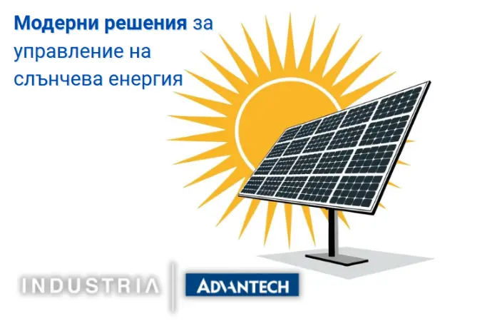Solar panel with stylized sun, text 'Modern solutions for solar energy,' and INDUSTRIA, ADVANTECH logos.