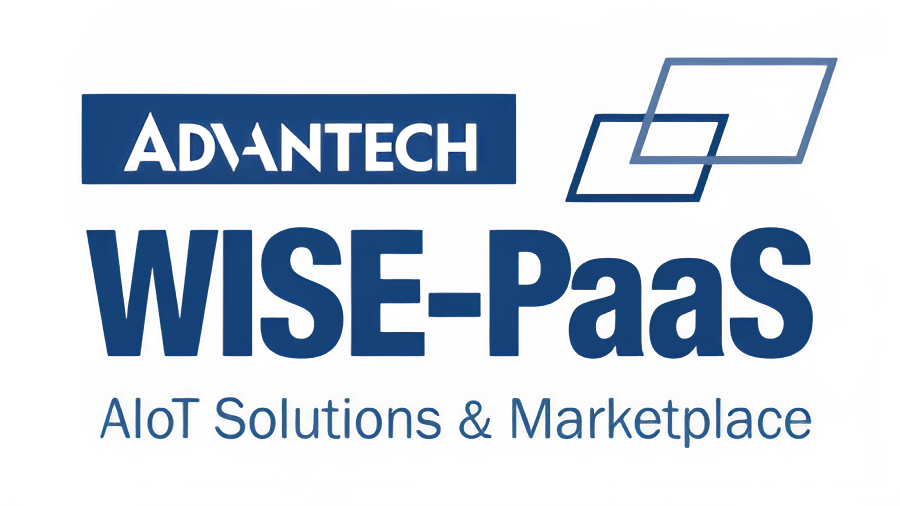 Advantech WISE-PaaS logo with the text 'ADVANTECH' in a blue box, 'WISE-PaaS' in large blue letters, and 'AloT Solutions & Marketplace' in smaller text below, on a black background with geometric shapes